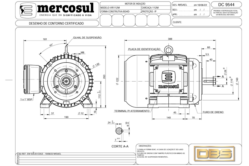 Motor IR3 Premium 6,0CV 4Polos 1800 RPM 220/380-440V CARCAÇA 112M IP55 – MercoSul