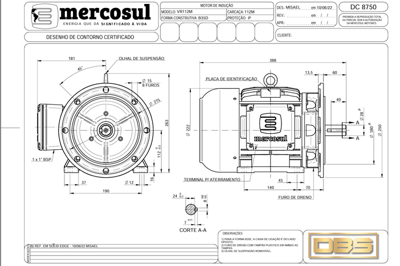 Motor IR3 Premium 6,0CV 4Polos 1800 RPM 220/380-440V CARCAÇA 112M IP55 – MercoSul