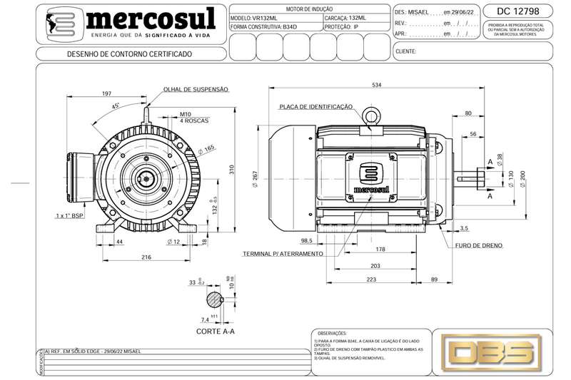 Motor IR3 Premium 15CV 4Polos 1800 RPM 220/380-440V CARCAÇA 132M/L  IP55 – MercoSul