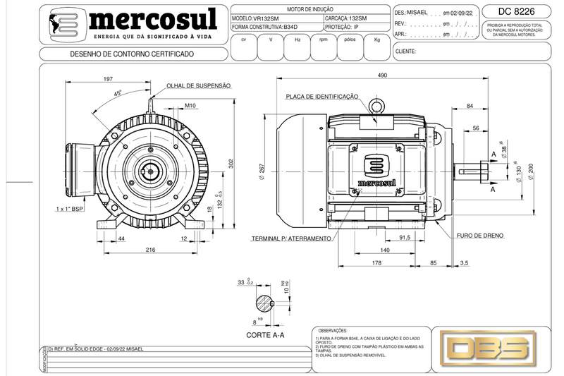 Motor IR3 Premium 10CV 4Polos 1800 RPM 220/380-440V CARCAÇA 132S/M IP55 – MercoSul