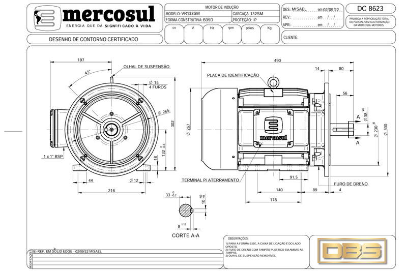 Motor IR3 Premium 10CV 4Polos 1800 RPM 220/380-440V CARCAÇA 132S/M IP55 – MercoSul