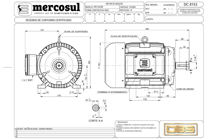 Motor IR3 Premium 10CV 4Polos 1800 RPM 220/380-440V CARCAÇA 132S/M IP55 – MercoSul