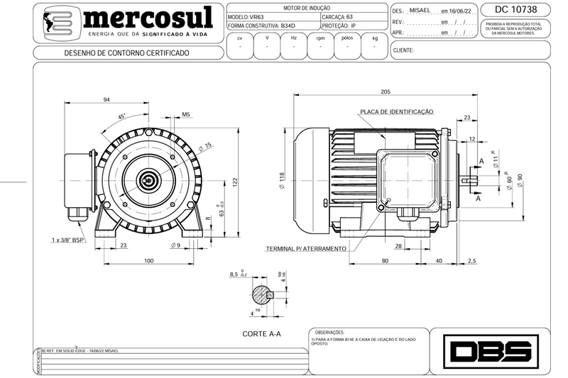 Motor IR3 Premium 0,25CV 4 Polos 1800 RPM 220/380-440V Carcaça 63 IP55 - Mercosul