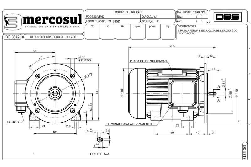 Motor IR3 Premium 0,33CV 4 Polos 1800 RPM 220/380-440V Carcaça 63 IP55 - MERCOSUL