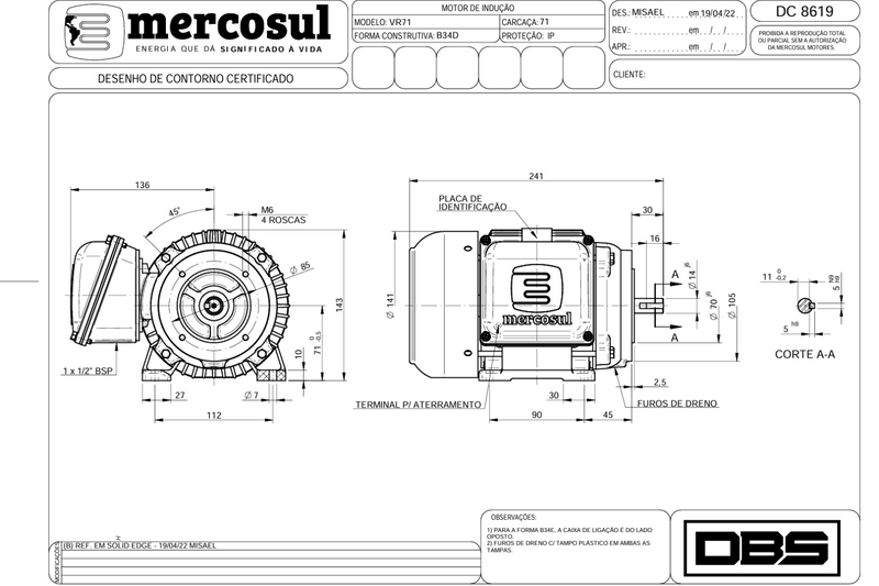 Motor IR3 Premium 0,50CV 4 Polos 1800 RPM 220/380-440V Carcaça 71 IP55 - MercoSul