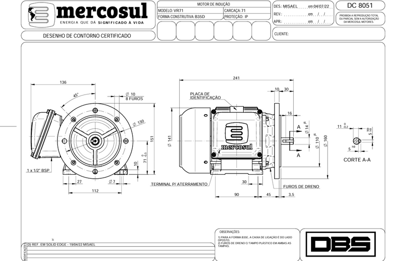 Motor IR3 Premium 0,50CV 4 Polos 1800 RPM 220/380-440V Carcaça 71 IP55 - MercoSul