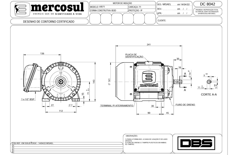 Motor IR3 Premium 0,50CV 4 Polos 1800 RPM 220/380-440V Carcaça 71 IP55 - MercoSul