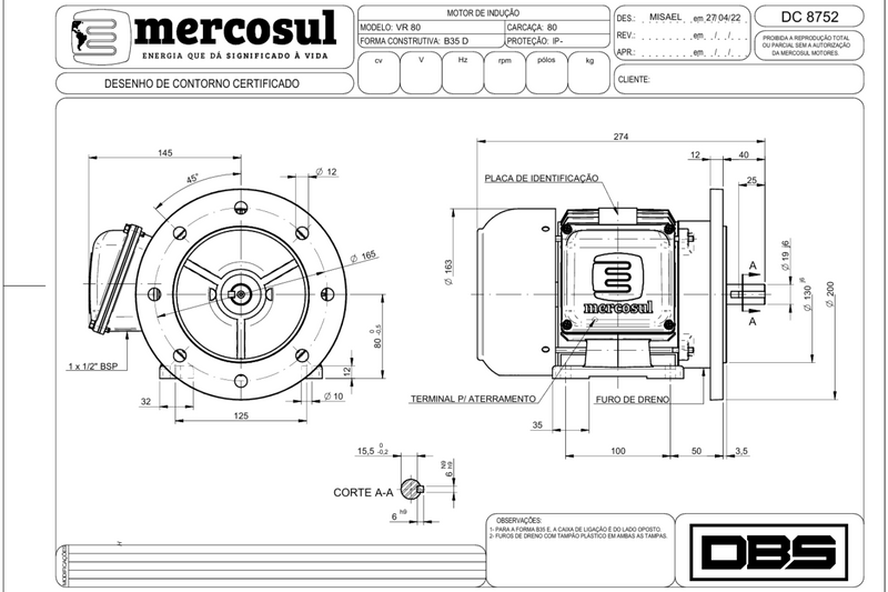 Motor IR3 Premium 1,0CV 4 Polos 1800 RPM 220/380-440V CARCAÇA 80  IP55 – MercoSul