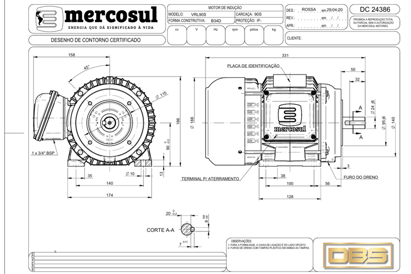 Motor IR3 Premium 2,0CV 4 Polos 1800 RPM 220/380-440V CARCAÇA L90S IP55 – MercoSul