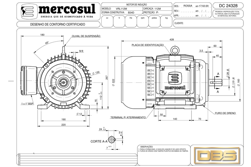 Motor IR3 Premium 7,5CV 4Polos 1800 RPM 220/380-440V CARCAÇA L112M IP55 – MercoSul