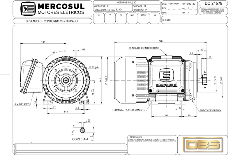 Motor IR3 Premium 0,75CV 1800 RPM 220/380-440V Carcaça L71 IP55 -MercoSul