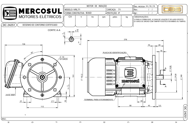 Motor IR3 Premium 0,75CV 1800 RPM 220/380-440V Carcaça L71 IP55 -MercoSul