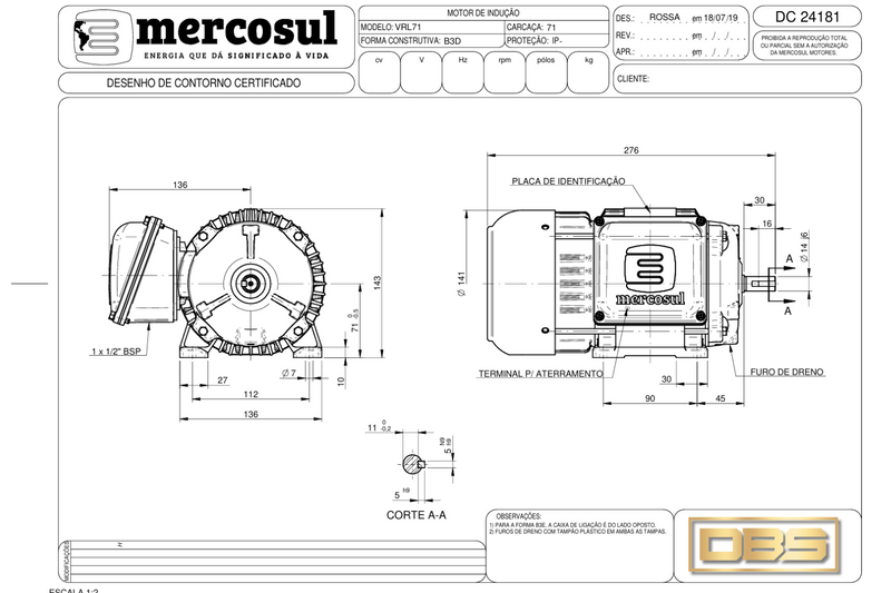 Motor IR3 Premium 0,75CV 1800 RPM 220/380-440V Carcaça L71 IP55 -MercoSul