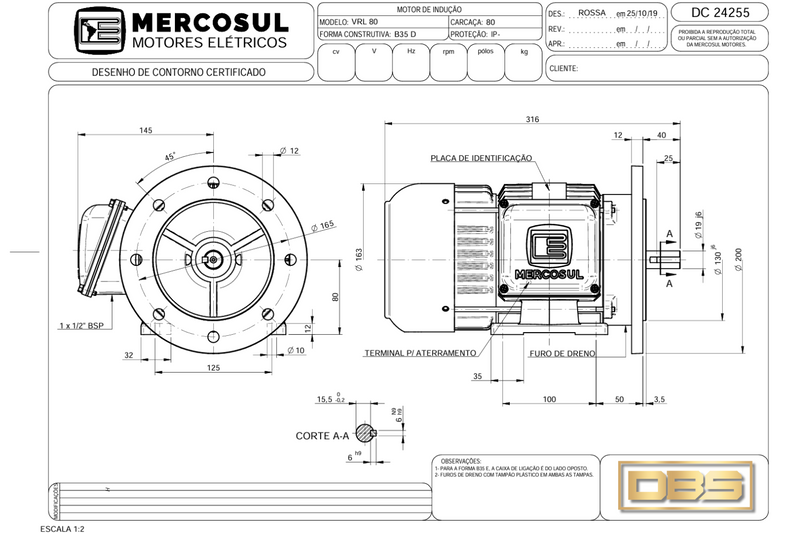 Motor IR3 Premium 1,5CV 4 Polos 1800 RPM 220/380-440V CARCAÇA L80 IP55 – MercoSul