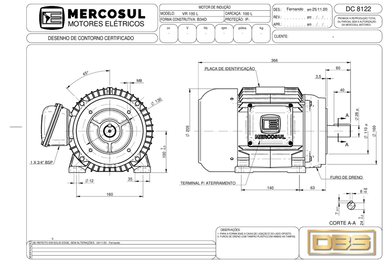 Motor IR3 Premium 8Polos 1,5CV 1200 RPM 220/380-440V CARCAÇA  100L IP55 – MercoSul