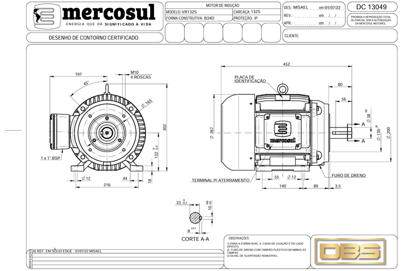 Motor IR3 Premium 10CV 2 Polos 3600 RPM 220/380-440V CARCAÇA 132S IP55 – MercoSul