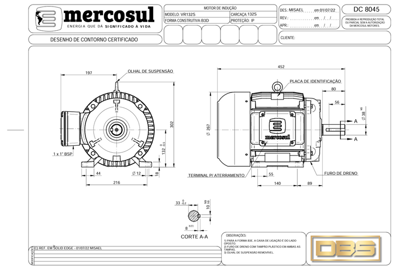 Motor IR3 Premium 10CV 2 Polos 3600 RPM 220/380-440V CARCAÇA 132S IP55 – MercoSul