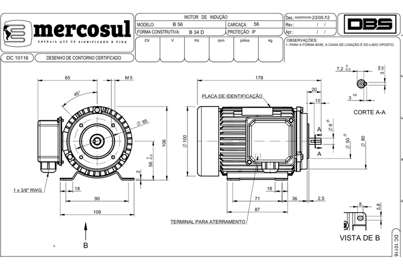 Motor IR3 Premium 0,25CV 2 Polos 3600 RPM 220/380-440V CARCAÇA 56 IP55 - MercoSul