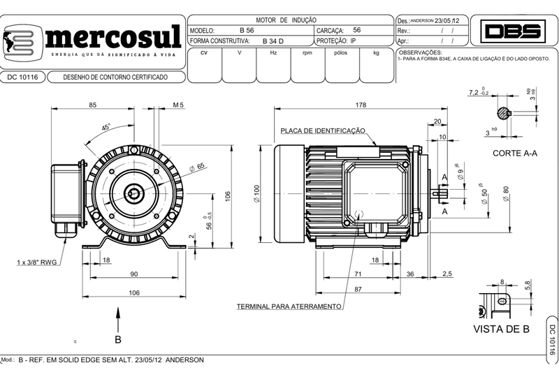 Motor IR3 Premium 0,16CV 2 Polos 3600 RPM 220/380-440V CARCAÇA 56 MercoSul