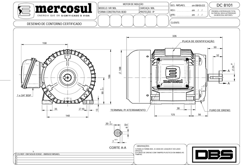 Motor IR3 Premium 8Polos 0,75CV 900 RPM 220/380-440V CARCAÇA 90L  IP55 – MercoSul